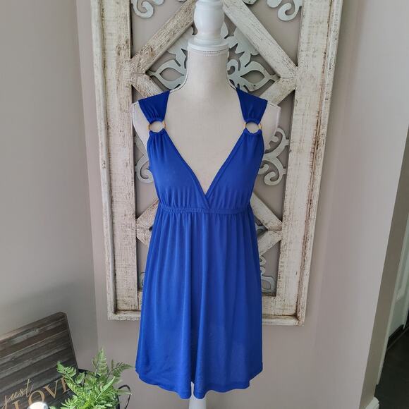 Cover Me Women's Sleeveless V-Neck Elastic Waist Swimsuit Coverup in Blue - Picture 2 of 7